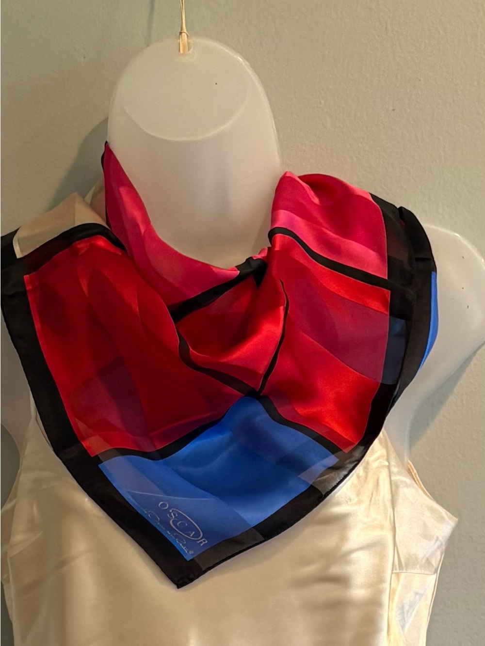 Oscar de la Renta Vintage Silk Color Block Design Scarf Blue Magenta Cream & Red